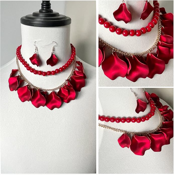 Flower Petal Necklace Earrings Set Layered Statement Beaded Jewelry Set for Women Summer Necklace Earrings