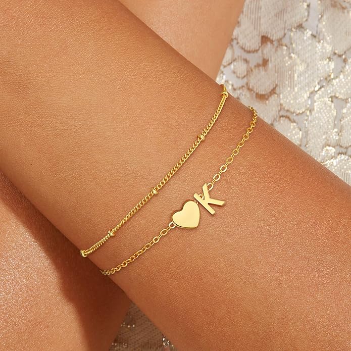 Valentines Day Gifts for Kids Women Girls, 14K Gold Plated Heart Initial Bracelet Teen Girl Gifts Trendy Stuff Dainty Gold Bracelets for Women Girls Valentines Day Gifts