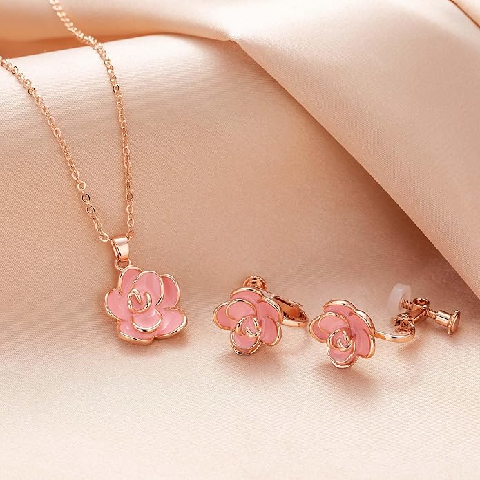 Dainty Rose Flower Pendant Necklace Clip On Earrings Set for Women 14K Gold Plated Hypoallergenic Jewelry Sets