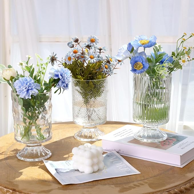 Fixwal 3pcs Vintage Glass Vases, Ribbed Glass Containers - Image 3
