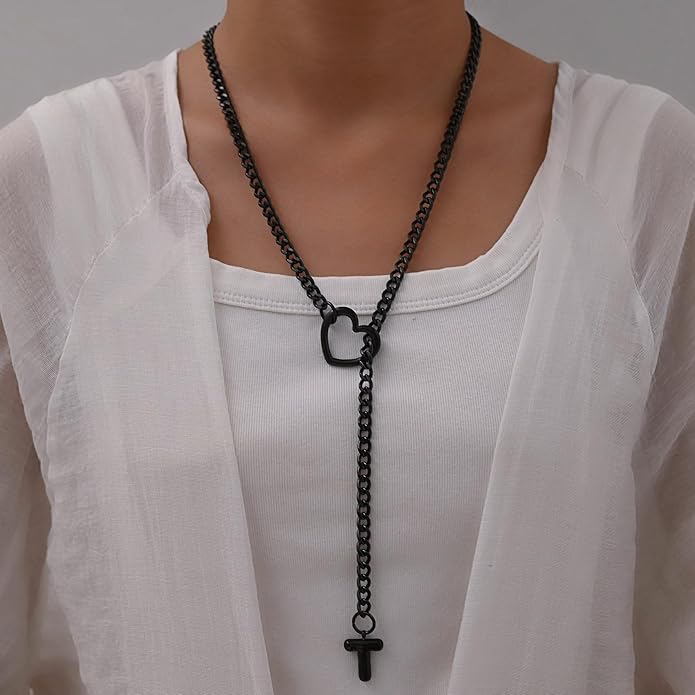 Black Heart Slip Chain Initial Necklaces for Women,Stainless Steel O-Ring Adjustable Lariat Heart Y-Necklace,Punk Gothic Cuban Collar Choker Necklace for women