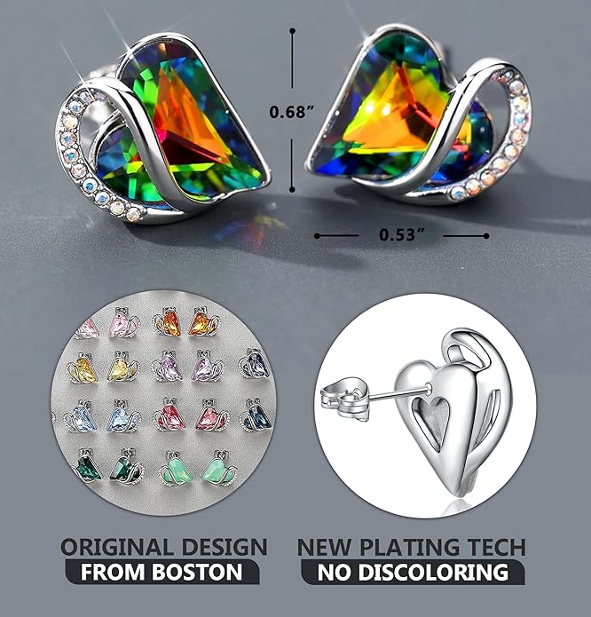 Leafael Infinity love Heart Birthstone Stud Earrings for Women, Valentine's Day Gifts for Mom, Wife, and Her, Silver Plated Birthday Jewelry