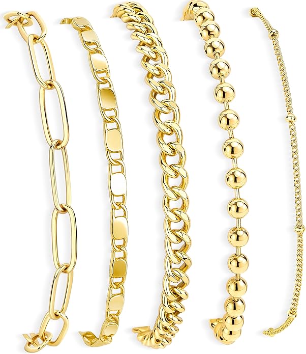 Gold Bracelets Set for Women Stack, Dainty Thick Bracelets Stack for Women Trendy, Simple Thin Gold Plated Cuff Stackable Bracelets With Beaded Cuban Paperclip Snake Rope Bangle Hand Chain Jewelry Gifts for Women Non Tainish