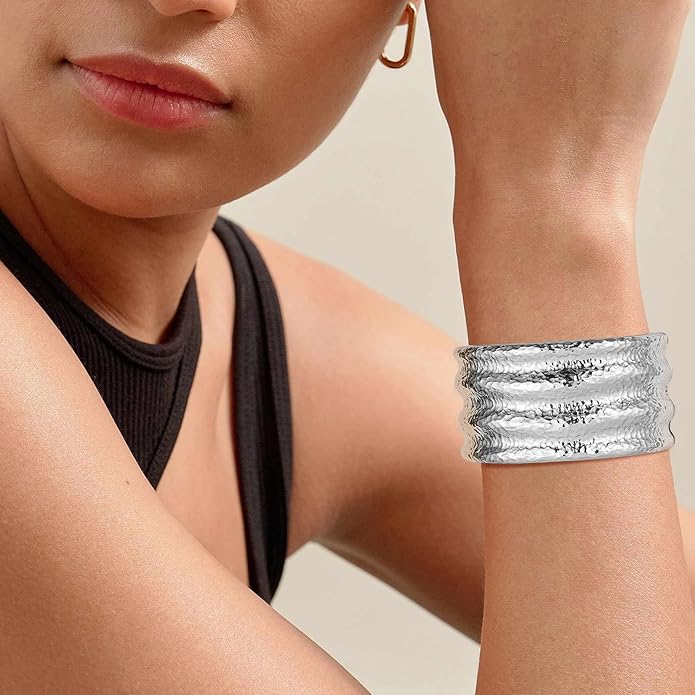 HZMAN 18K Gold Plated Wide Cuff Bracelet for Women - Premium Alloy Shiny Polished Double Layer Statement Bangle, Trendy Daily Wear Party Jewelry Accessory
