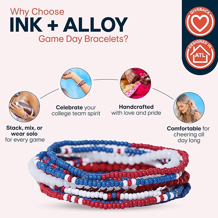 INK + ALLOY Game Day Bracelet Stacks, Beaded Bracelets for Football Gameday Outfits, Handmade Jewelry for College Students, Teachers, Football Moms, Set of 10