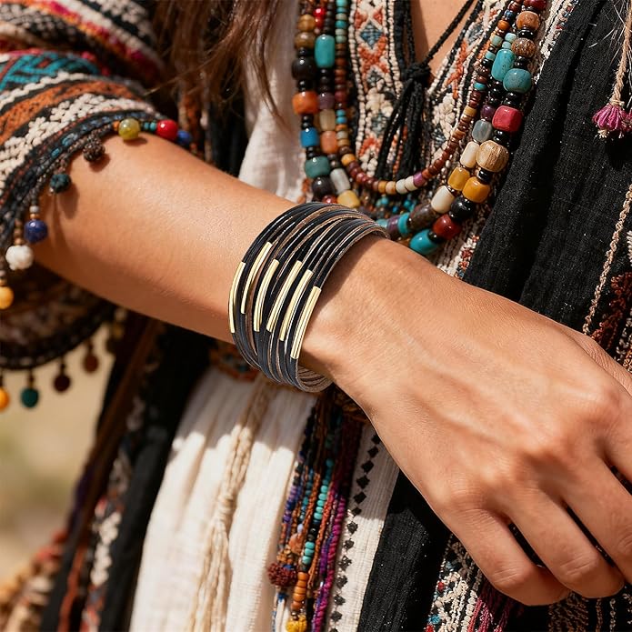 Wrapped Bracelets for Women,Leather Bracelet,Boho Bracelets for Women,Multi-Layer Pearl Crystal Bracelet Bangle Jewelry