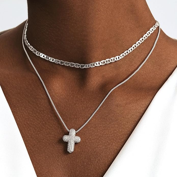 OGD Bubble Cross Necklace for Women 14k Gold Plated Cross Necklace Stackable Dainty Gold Necklace Mariner Chain Necklace CZ Cross Pendant Necklaces Set Simple Jewelry Gift