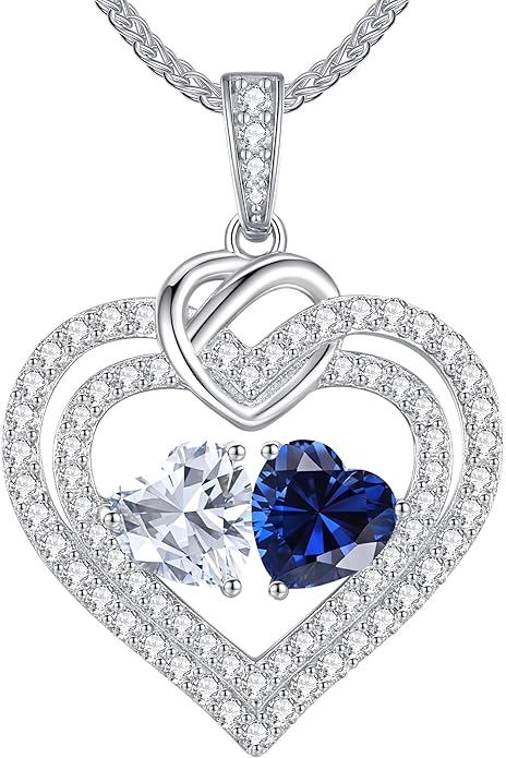 LOUISA SECRET Sparkling Double Heart Birthstone Necklaces for Women, 925 Sterling Silver Fine Jewelry, Pendant Heart Necklaces Birthday Anniversary Christmas Gift for Women Wife Mom Girlfriend Lady