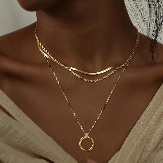 NECOCY Valentine's Day Gift 14k Gold/Silver Plated Layered Gold Necklaces for Women, 3Pcs Dainty Herringbone Choker Set, Trendy Stack Simple Chain Layering Pendant Jewelry