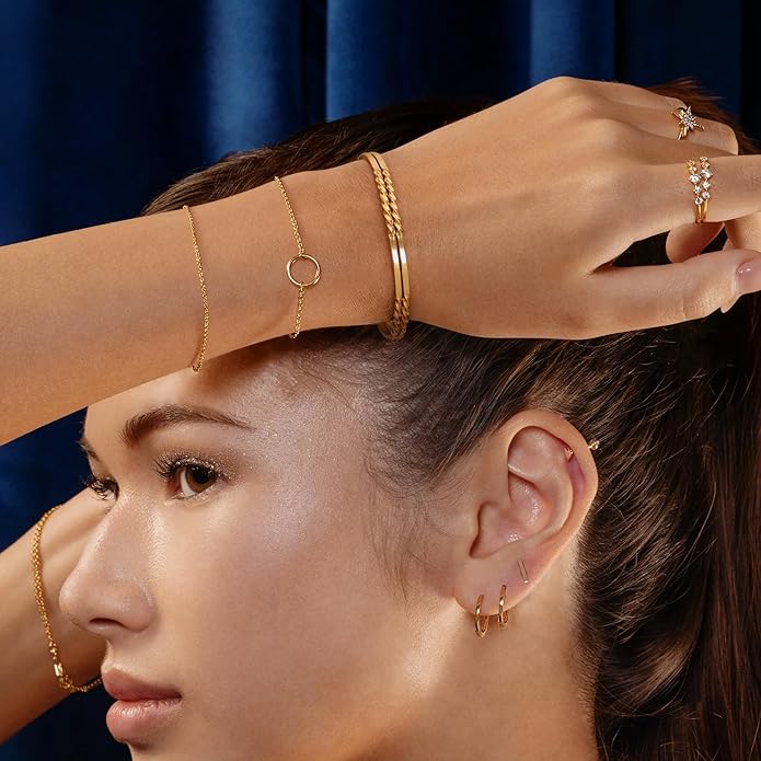 PERNNLA PEARL Dainty Gold Bar Bracelet for Women Simple Delicate Thin Cuff Bangle Hook Bracelet 18K Gold Plated Handmade Minimalist Jewelry