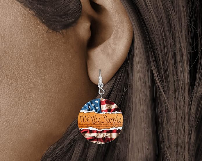 Round Wood Earrings Light Weight Printed Image Dangle Jewelry