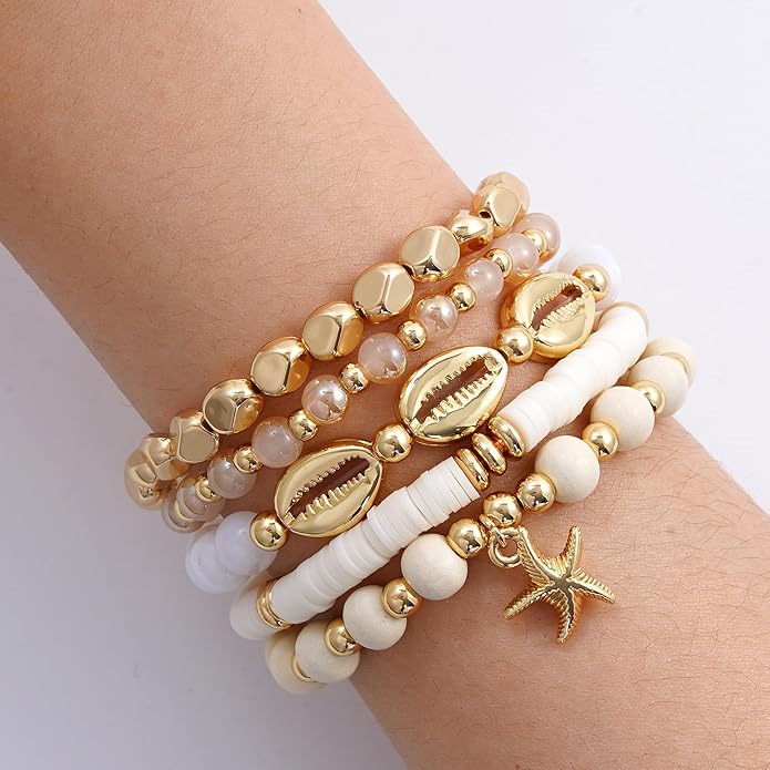GOOJIDS Surfer Heishi Clay Bead Bracelets for Women Bohemian Stackable Gold Plated Beaded Stretch Bracelets Elastic Layering Friendship Bracelets Set Boho Jewelry