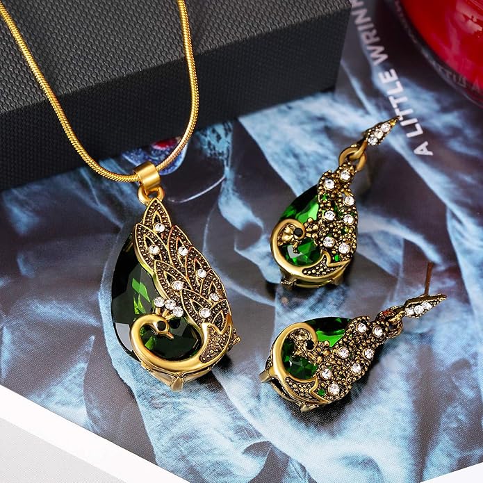 Hicarer 3 Set Peacock Jewelry Sets for Women Vintage Crystal Necklace Earring Waterdrop Rhinestone Pendant Indian Jewelry Set Gifts for Valentine's Day Mother's Day Christmas Wedding Lover Ladies
