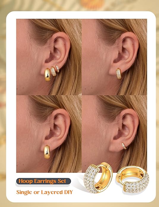 LOLIAS Small 14K Gold Plated Chunky Hoop Earrings for Women Hypoallergenic Silver Earrings Set for Sensitive Ears Non Tarnish Huggie Hoops Earring Stacks for Multiple Piercing Jewelry Lightweight 3Pairs