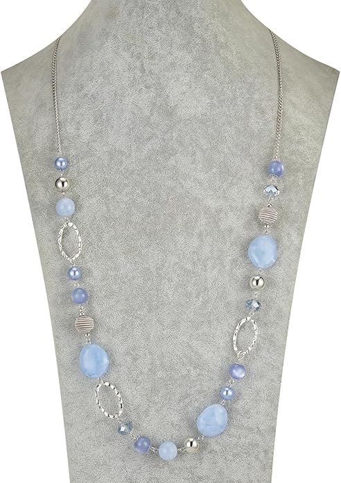 BULINLIN Beaded Long Necklace for Women Silver Sweater Chain Necklace with Crystal Resin Beads, Fashion Jewelry Necklace