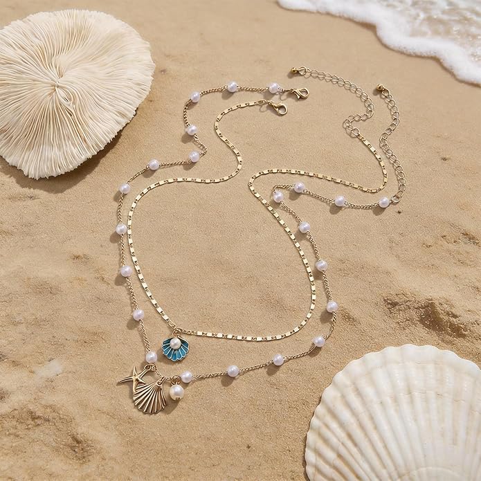 Gold Sea Shell Necklace Layered Charm Necklace for Women Boho Summer Seashell Beach Starfish Necklaces 14k Pearl Chain Surfer Jewelry Beach Vacation Essentials
