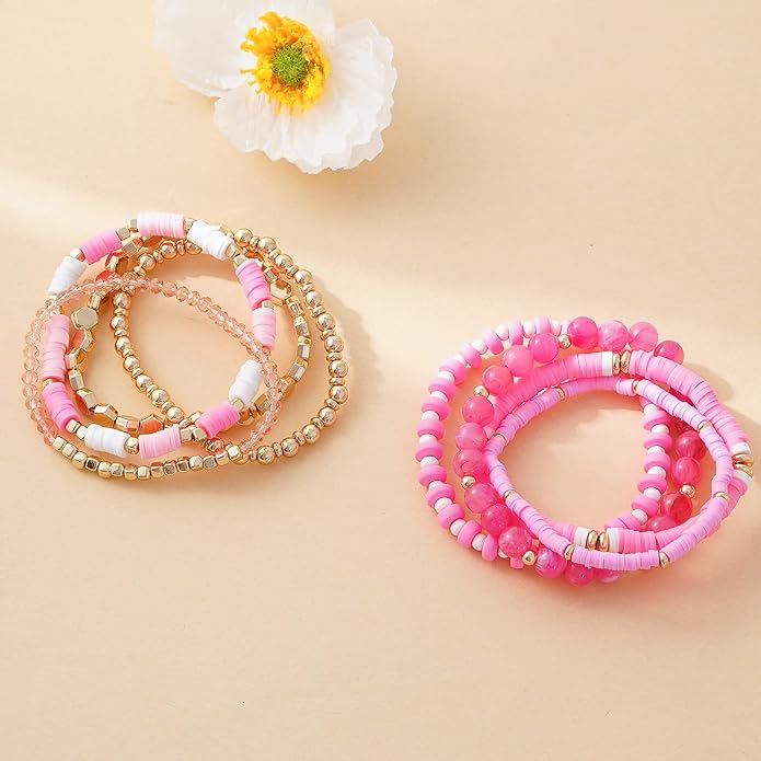 GOOJIDS Surfer Heishi Clay Bead Bracelets for Women Bohemian Stackable Gold Plated Beaded Stretch Bracelets Elastic Layering Friendship Bracelets Set Boho Jewelry