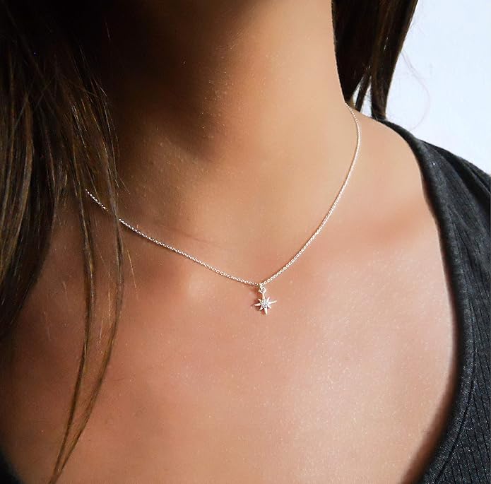 Annika Bella Sterling Silver Star Necklace for Women, Length 15-17 Inches, Tiny Cubic Zirconia North-Star Charm Pendant Necklace, Waterproof, Celestial Jewelry Gift for Her