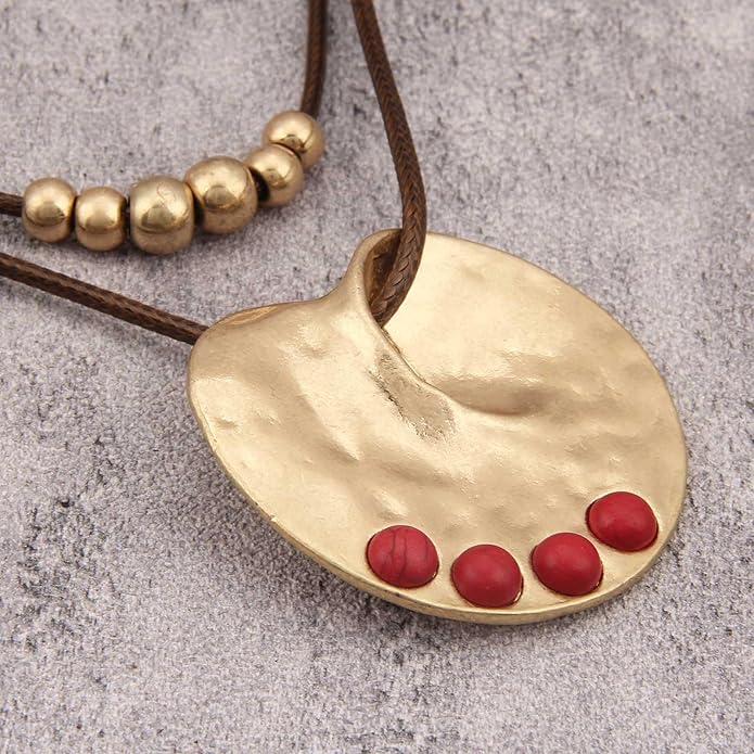 Boho Necklaces for Women Chunky Circle Necklace Layered Boho Circle Leather Choker Necklace Long Vintage Necklaces Bohemian Jewlery Gifts