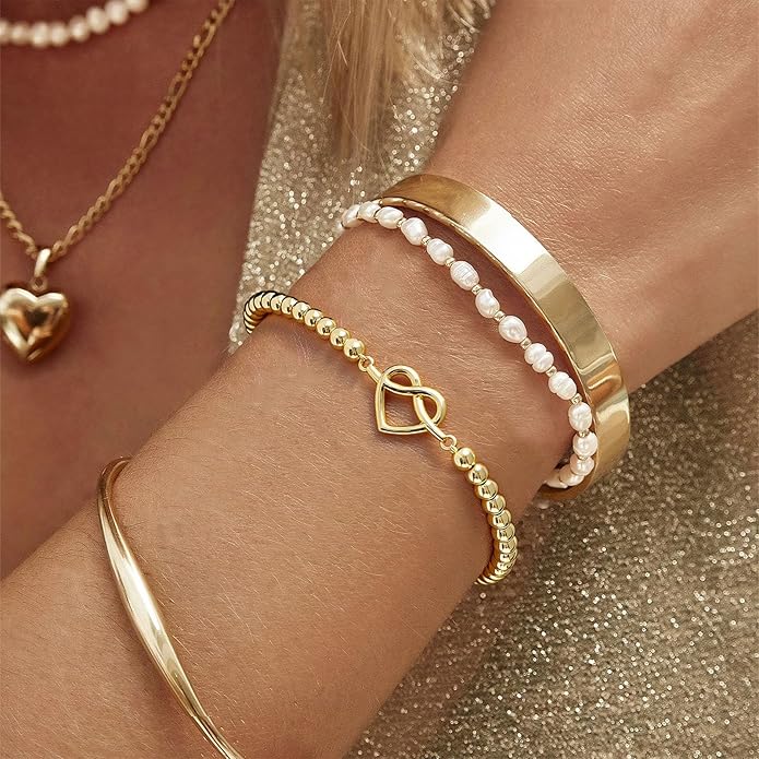 Gold Bracelets for Women 14K Gold Beaded Bracelets Stackable Bracelets for Women Gold Charm Bracelet Non Tarnish Gold Jewelry for Women Trendy
