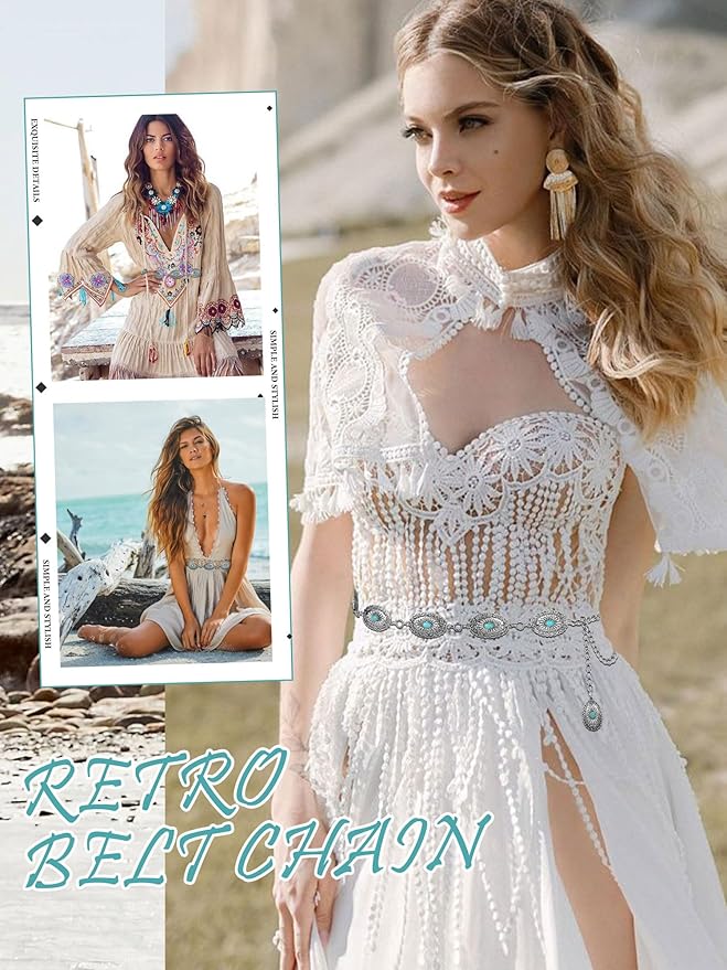FIORETTO Metal Waist Chain Link Belt for Women Western Cowgirl Boho Turquoise Belts for Dress Jeans Country Concert Outfit