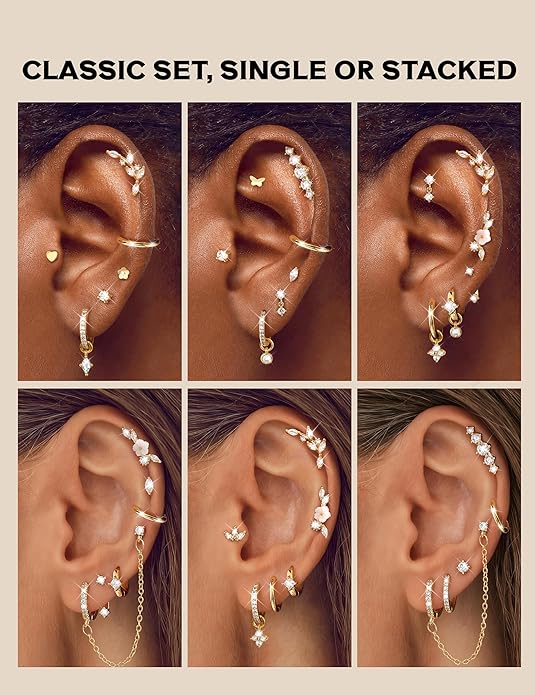 18 PCS Single Cartilage Studs Earrings Women Trendy 14k Gold Plated Flat Back Earings Stacks Dainty Small Pendant Dangle Huggie Hoops Earring Cubic Zirconia Flatback Stud Sets for Multiple Piercing