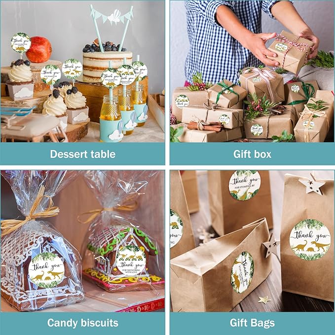 80 Pieces Cute Dinosaur Thank You Stickers, Boy Baby Shower Birthday Party Decorate Watercolor Little Dino Themed Round Party Gift Wrap Bag Label Decorations, 4 Design Stickers