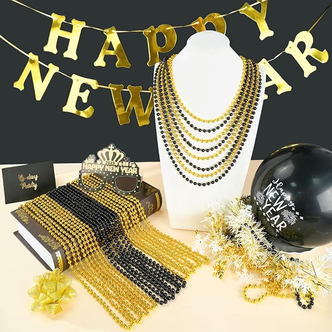 ZYFLSQ 100PCS Beaded Necklace, 33" 7mm New Year Eve Bead Necklaces Bulk, Metallic Mardi Gras Beads Necklaces, Happy New Year Parade Throws Costume Accessories, Party Favors Decorations (Black Gold)