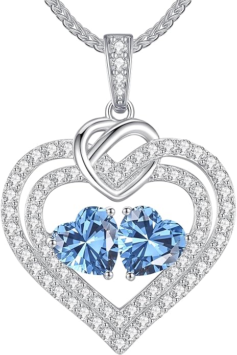 LOUISA SECRET Sparkling Double Heart Birthstone Necklaces for Women, 925 Sterling Silver Fine Jewelry, Pendant Heart Necklaces Birthday Anniversary Christmas Gift for Women Wife Mom Girlfriend Lady