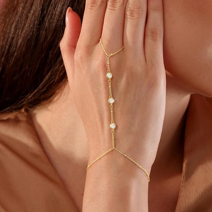 CHESKY 14K Gold Plated Hand Chain Bracelets for Women Set - Dainty Finger Ring Bracelet Stack Adjustable Hand Chains Durable Beaded Bracelets Trendy Simple Body Jewelry Gift for Women