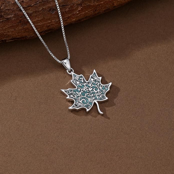 RMREWY Genuine Turquoise Maple Leaf Pendant Necklace,925 Sterling Silver Native American Boho Western Pendant Real Gemstone Jewelry Birthdays Gift for Women Nature Lover