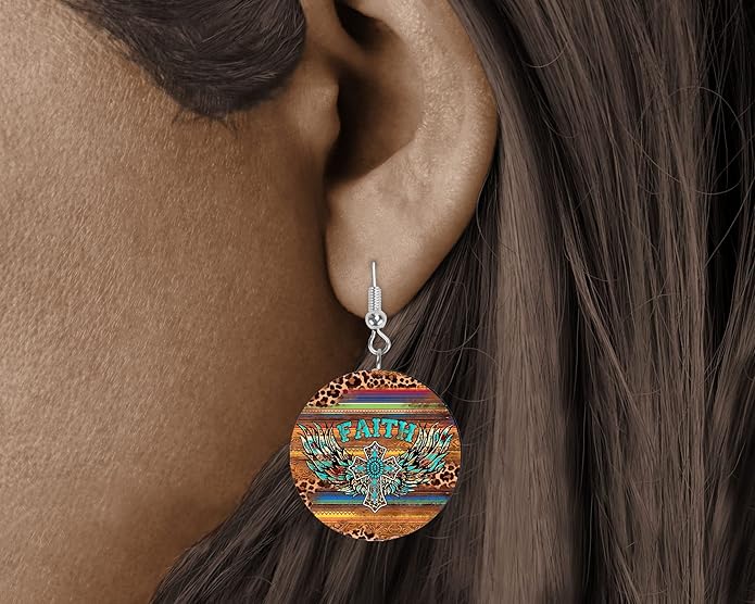 Round Wood Earrings Light Weight Printed Image Dangle Jewelry