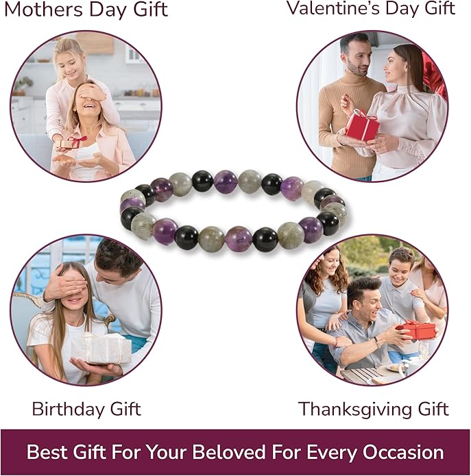 Crytsal Vibe Ultimate Protection Bracelet - Labradorite – Amethyst – Black Tourmaline - 8mm Beaded Bracelet for Protection - Elastic Adjustable Size
