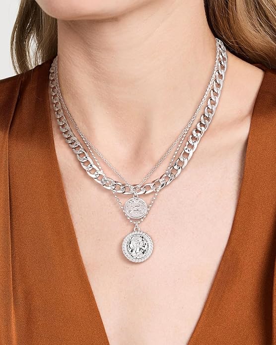 MJartoria Layered Necklaces for Women Trendy Retro Coin Pendant Necklace Dainty Chunky Chain Necklaces for Jewelry Birthday Gifts