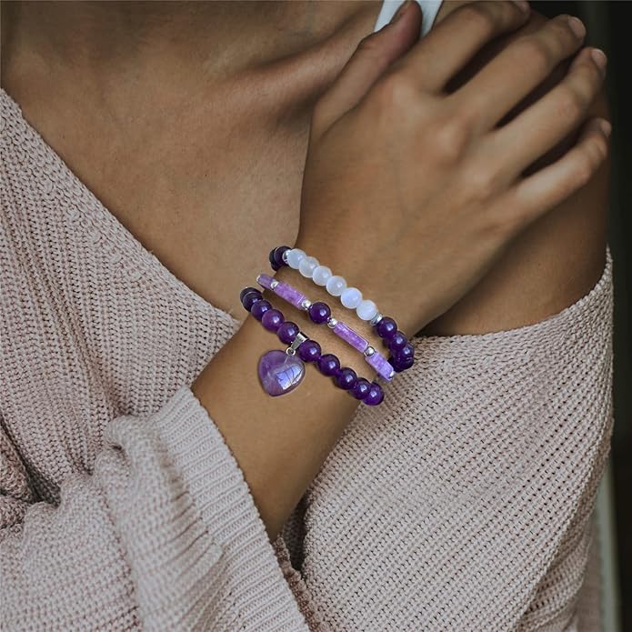 Healing Crystal Beaded Bracelets for Women,Natural Amethyst Gemstones Bracelet,Anxiety Stress Relief Heart Charm Bracelet Handmade purple Jewelry Gifts for Women