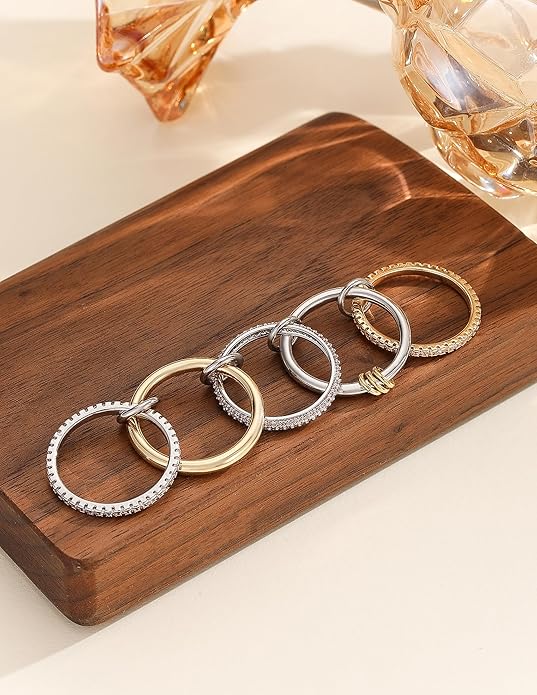 Statement Rings for Women, 18k Gold Plated Stackable Cubic Zirconia Rings, Silver Gold Multi Ring Mixed Metals Stackable Ring Set for Women Non Tarnish