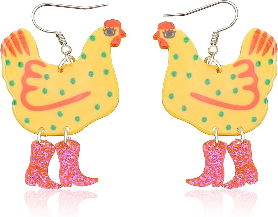 Acrylic Boot Big Chicken Earrings,Funny Colorful Boots Chicken Drop Dangle Earrings,Cock Hen Foot Chicken Earrings for Women Farm Design Lovely Gift