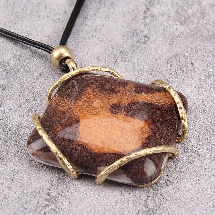 GelConnie Leather Necklace for Women Large Pendant Long Brown Necklace Circle Leather Choker Vintage Sweater Necklace Gold Chunky Boho Necklaces for Women
