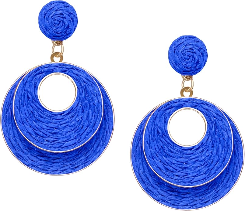 Raffia Hoop Earrings for Women - Boho Straw Wiker Dangle Drop Earrings for Summer Beach, Bohemian Trendy Rattan Jewelry