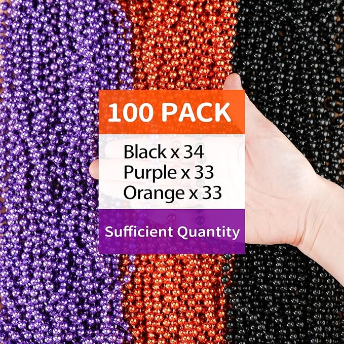 ZYFLSQ 100PCS Halloween Beads Necklace, 33" 7mm Halloween Necklaces Bulk, Metallic Beaded Necklaces, Halloween Parade Throws Accessories, Party Favors Decorations (Purple/Black/Orange)