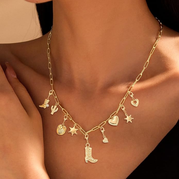 MISS RIGHT Dainty Gold Evil Eye Hamsa Hand Coin Lucky Charm Pendant Necklace for Women Trendy Vintage Paperclip Chain Sun Moon Clover Flower Chunky Charm Necklace Jewelry Gifts