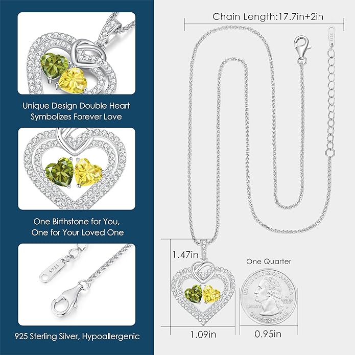 LOUISA SECRET Sparkling Double Heart Birthstone Necklaces for Women, 925 Sterling Silver Fine Jewelry, Pendant Heart Necklaces Birthday Anniversary Christmas Gift for Women Wife Mom Girlfriend Lady