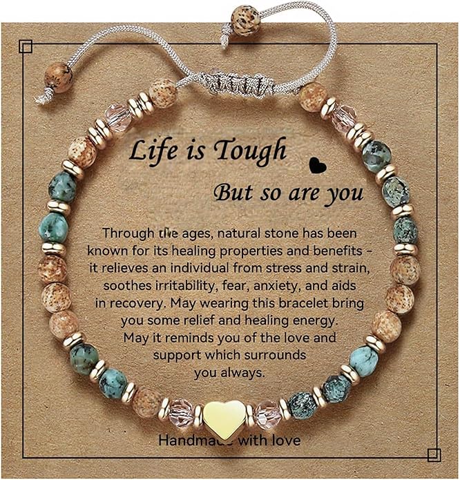 Natural Stone Heart Charm Bracelet - Adjustable Beaded Jewelry for Women, Thinking of You Gift.