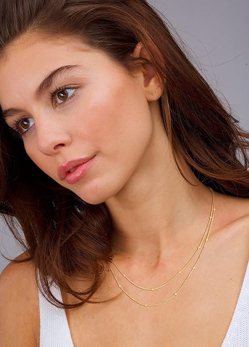 CHESKY 14k Gold Plated/Silver Plated Dainty Necklace for Women, Trendy Satellite Choker Necklace Thin Beaded Layered Choker Necklaces Discs Paperclip Chain Necklaces Womens Simple Jewelry