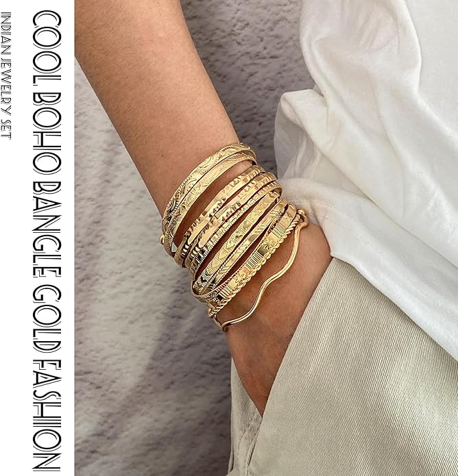 17IF Gold Bangle Bracelet For Women, 14k Multilayer Charm Textured Stackable Bracelets Boho Indian Chunky Cuff Fashion Jewelry Gift