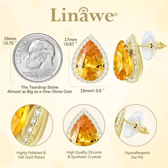 Linawe Women Stud Earrings, Teardrop Diamond Moissanite Cubic Zirconia Earrings Studs Rhinestone Jewelry Gold/Silver/Rose Gold