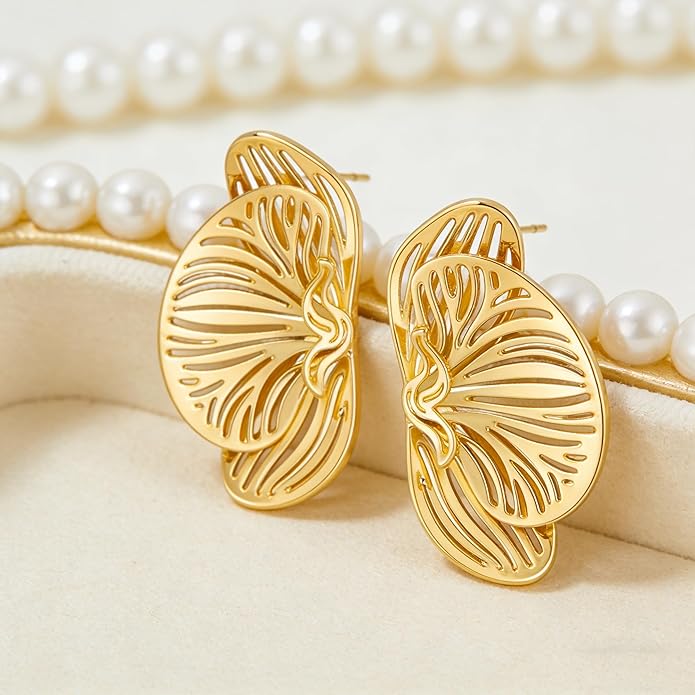 Gold Statement Stud Earrings for Women – 18K Gold Plated Abstract Hollow Leaf Earrings, Chunky Fan Shell Post Studs, Vintage Polished Cutout Flower Jewelry Gift