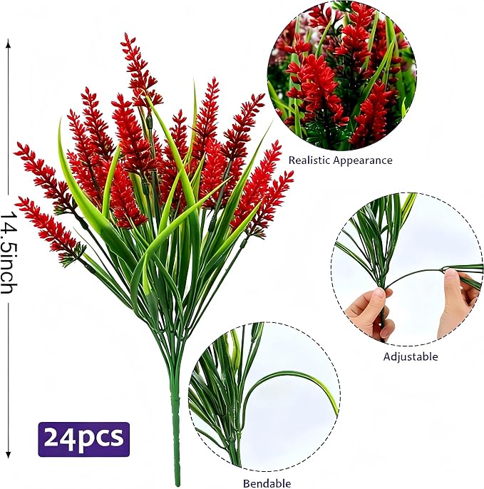Geegoods 24 Bundles Red Artificial Plants Flowers Outdoor, UV Resistant | Faux - Image 2