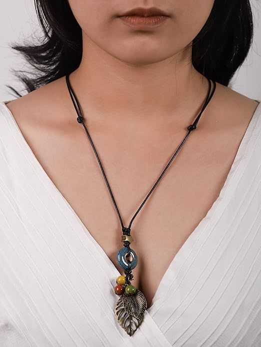 MINACHI Boho Hippie Colorful Ceramic Beads Strand O Ring Circle Charm Long Y Necklace, Vintage Bohemian Statement Jewelry Gift for Women
