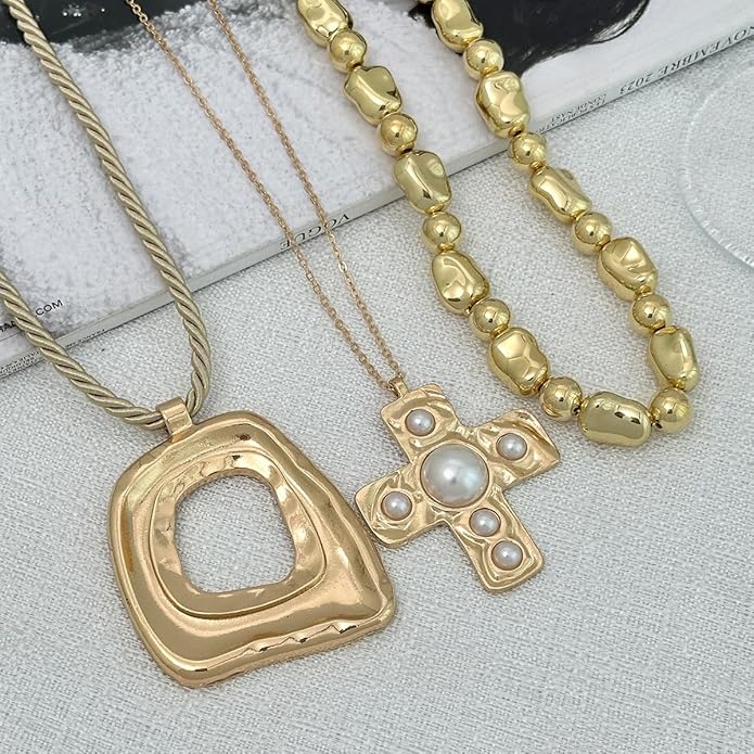PLOUTOS Statement Modern Geometric Hollow Square Pendant Rope Chain Necklace for Women Bold Fashion Layering Collarbone Jewelry Party Wear Accessory